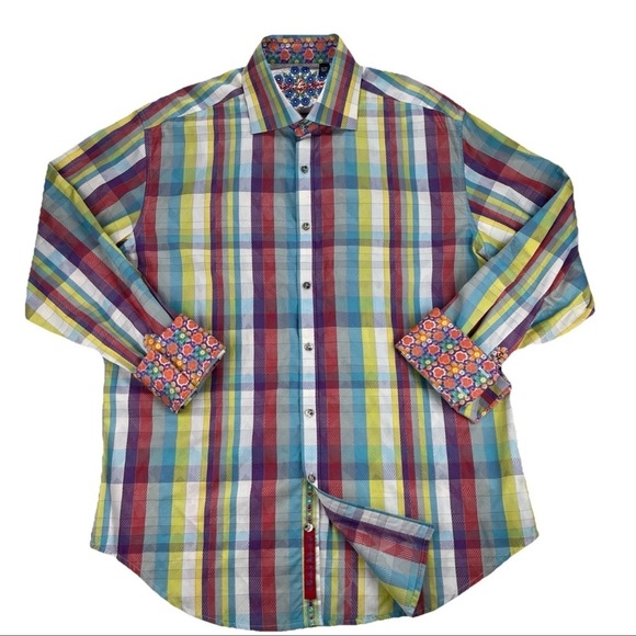 Robert Graham Shirt Mens XL Floral Orange Gingham Multicolored Flip Cuff Button - Picture 2 of 12
